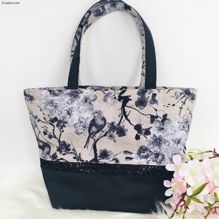 Tissu coton motif jardin japonais GUNMA aux oiseaux et fleurs de cerisier, fond lin - OEKO - TEX - TissusPapi.com