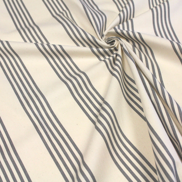 Tissu toile à matelas de coton LE TOUQUET écru aux rayures : bleu, rouge, noir, gris, sable - TissusPapi.com