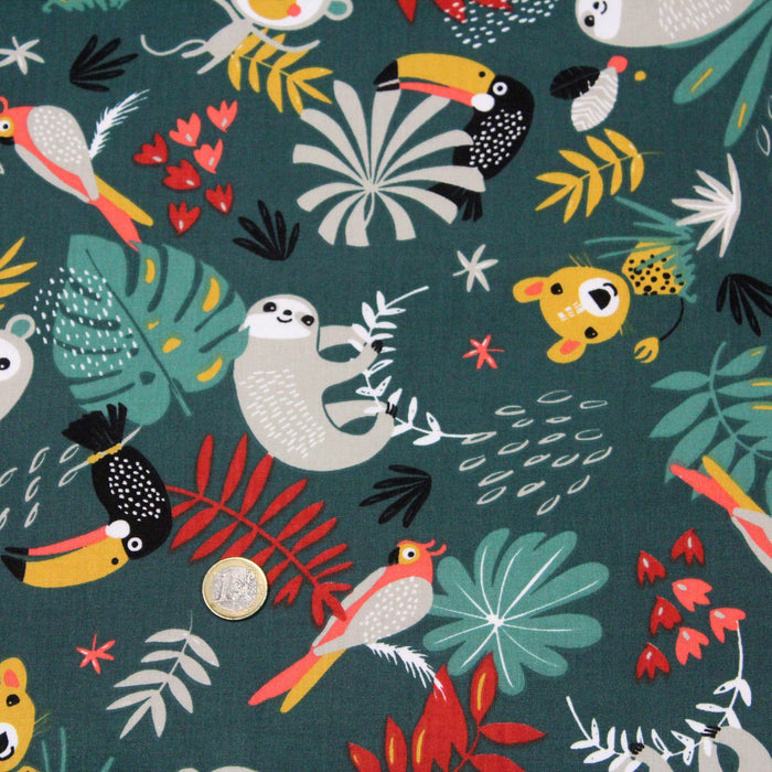 Tissu de coton enduit enfant tropical aux singes & toucans, fond vert canard - Oeko-Tex - tissuspapi