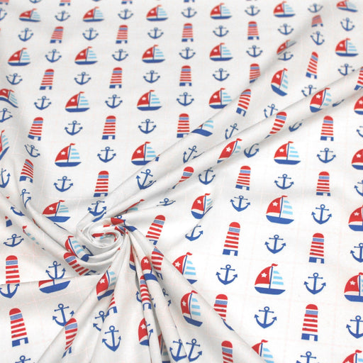 Tissu popeline de coton aux phares, bateaux et ancres de marine, fond blanc - TissusPapi.com