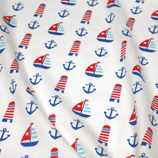 Tissu popeline de coton aux phares, bateaux et ancres de marine, fond blanc - TissusPapi.com