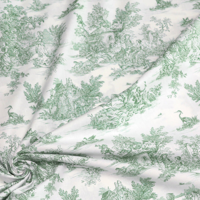 Tissu de coton toile de Jouy traditionnelle, grande largeur 280cm, fond écru & motif vert - Oeko-Tex