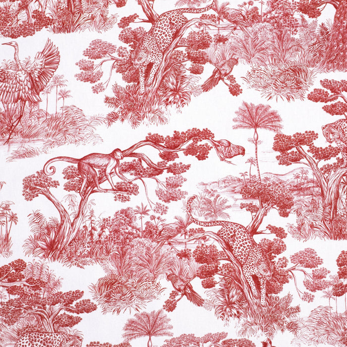 Tissu Toile de Jouy moderne rouge, forêt tropicale, singes et léopards - COLLECTION ANIMALIA, par la maison Thevenon - TissusPapi.com