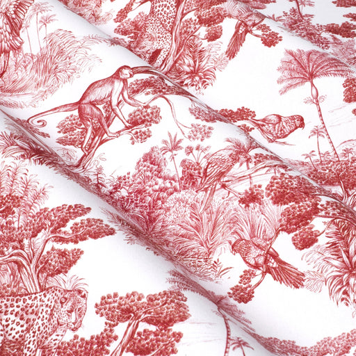 Tissu Toile de Jouy moderne rouge, forêt tropicale, singes et léopards - COLLECTION ANIMALIA, par la maison Thevenon - TissusPapi.com
