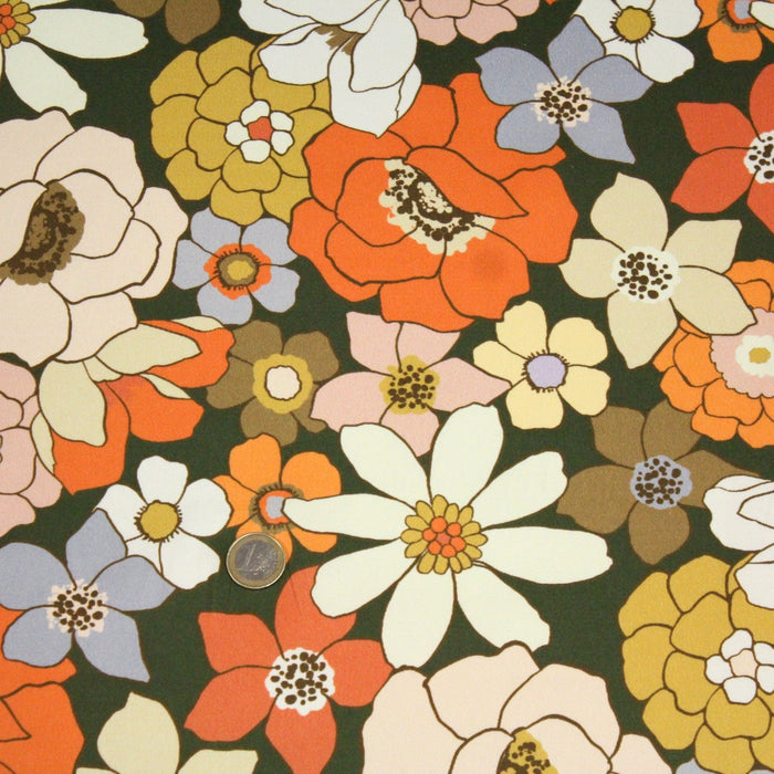 Tissu gabardine de coton SUZANNE imprimé fleurs rétro : bleu, rouille, olive - OEKO - TEX STANDARD 100 - TissusPapi.com