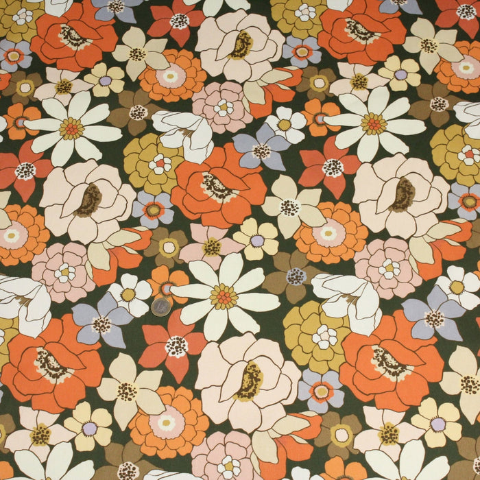 Tissu gabardine de coton SUZANNE imprimé fleurs rétro : bleu, rouille, olive - OEKO - TEX STANDARD 100 - TissusPapi.com