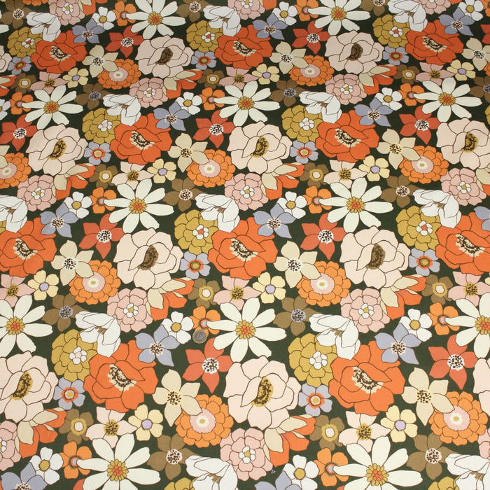 Tissu gabardine de coton SUZANNE imprimé fleurs rétro : bleu, rouille, olive - OEKO - TEX STANDARD 100 - TissusPapi.com