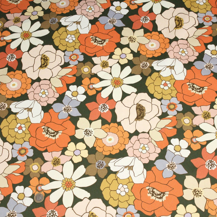 Tissu gabardine de coton SUZANNE imprimé fleurs rétro : bleu, rouille, olive - OEKO - TEX STANDARD 100 - TissusPapi.com