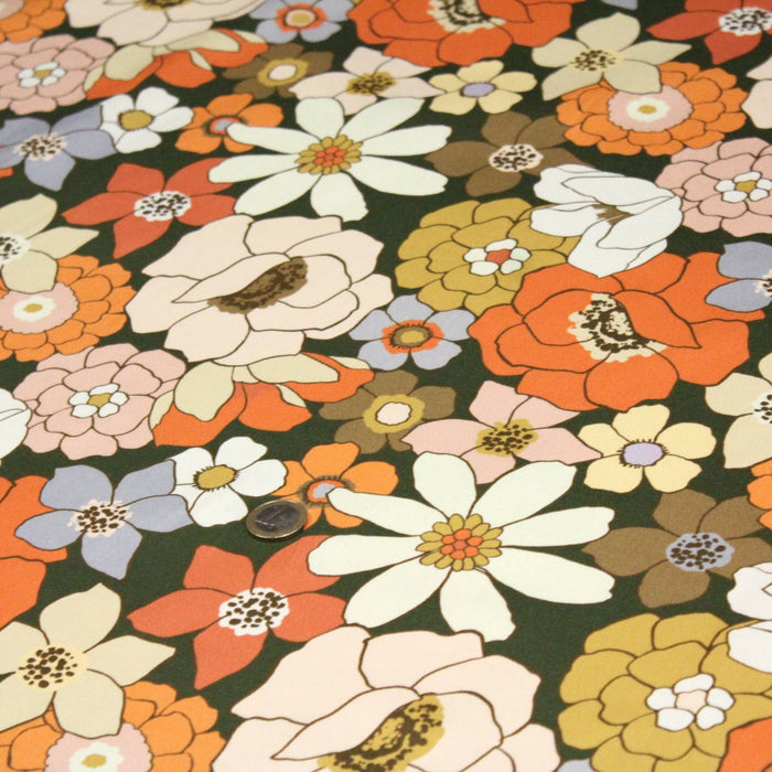 Tissu gabardine de coton SUZANNE imprimé fleurs rétro : bleu, rouille, olive - OEKO - TEX STANDARD 100 - TissusPapi.com