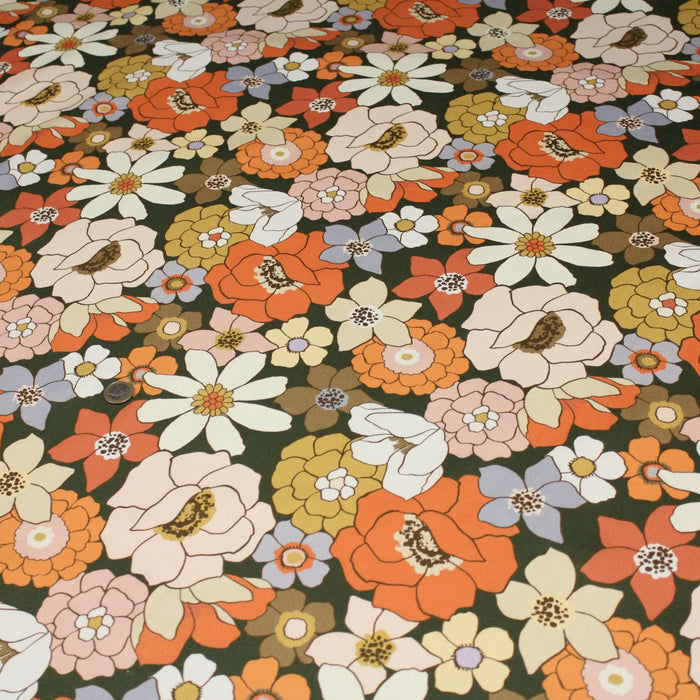 Tissu gabardine de coton SUZANNE imprimé fleurs rétro : bleu, rouille, olive - OEKO - TEX STANDARD 100 - TissusPapi.com