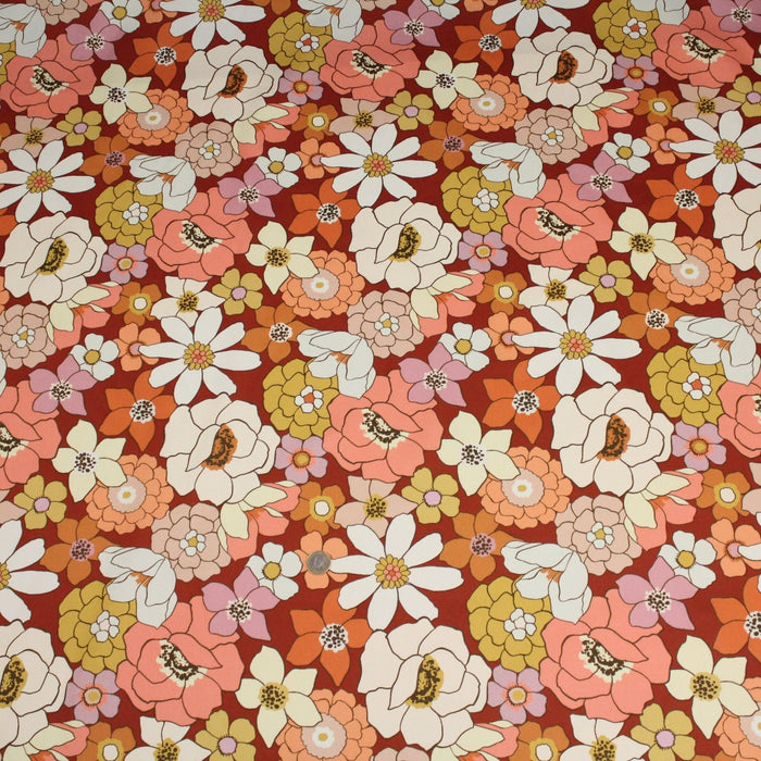 Tissu gabardine de coton SUZANNE imprimé fleurs rétro : bleu, rouille, olive - OEKO - TEX STANDARD 100 - TissusPapi.com