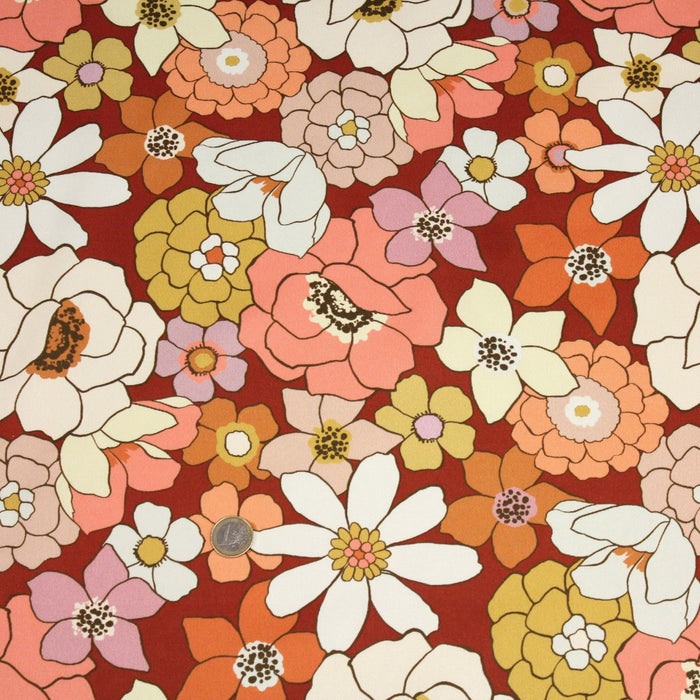Tissu gabardine de coton SUZANNE imprimé fleurs rétro : bleu, rouille, olive - OEKO - TEX STANDARD 100 - TissusPapi.com