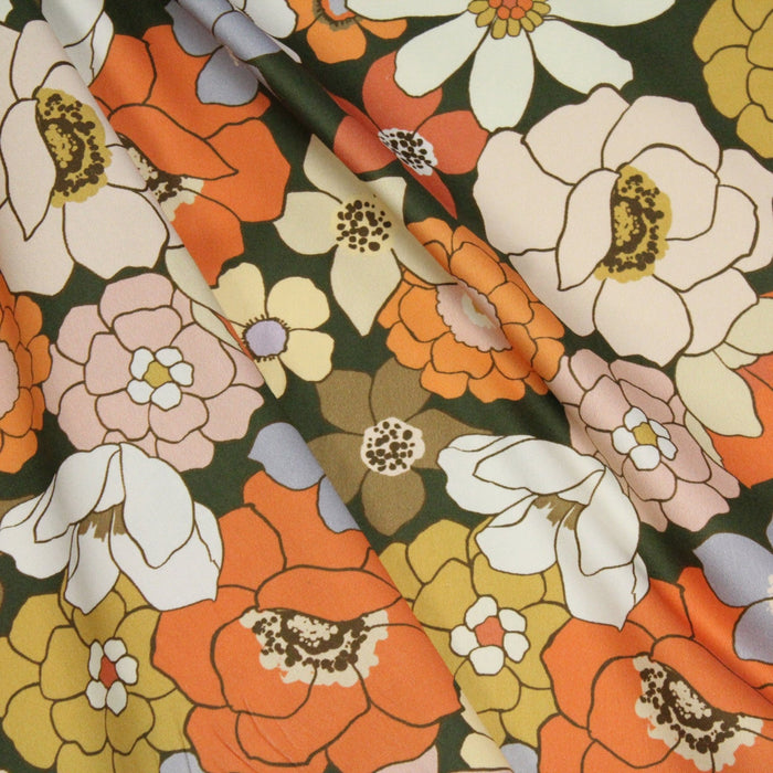 Tissu gabardine de coton SUZANNE imprimé fleurs rétro : bleu, rouille, olive - OEKO - TEX STANDARD 100 - TissusPapi.com