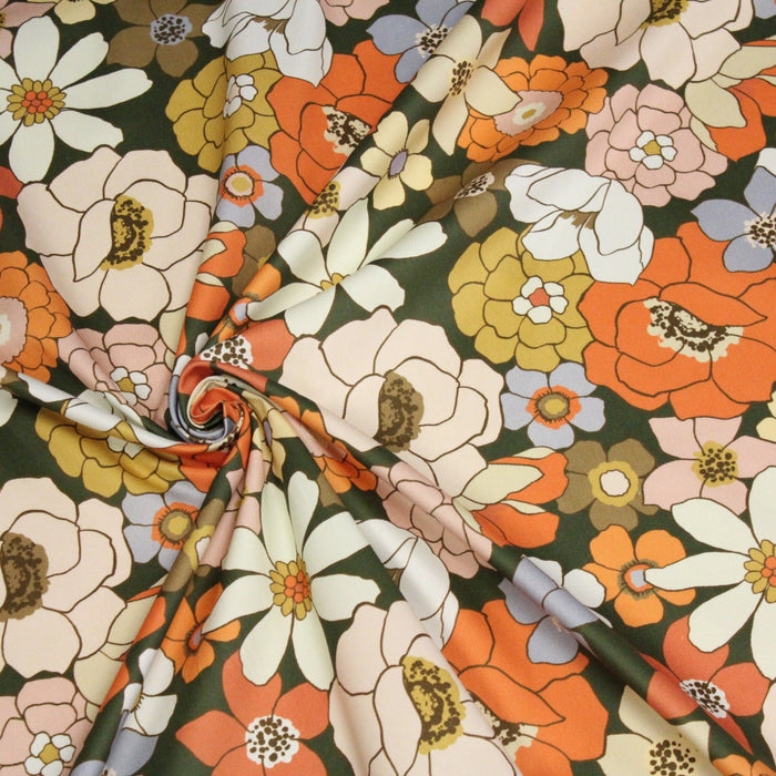 Tissu gabardine de coton SUZANNE imprimé fleurs rétro : bleu, rouille, olive - OEKO - TEX STANDARD 100 - TissusPapi.com