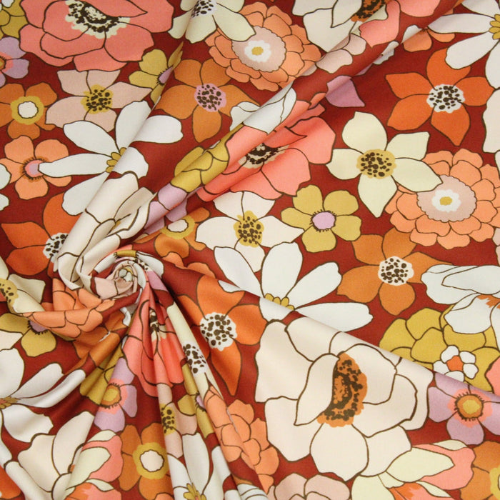 Tissu gabardine de coton SUZANNE imprimé fleurs rétro : bleu, rouille, olive - OEKO - TEX STANDARD 100 - TissusPapi.com