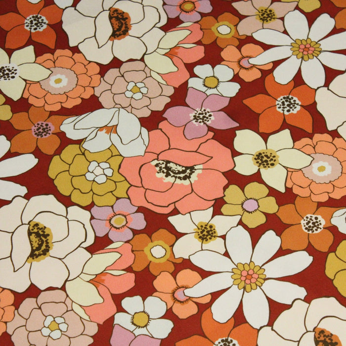 Tissu gabardine de coton SUZANNE imprimé fleurs rétro : bleu, rouille, olive - OEKO - TEX STANDARD 100 - TissusPapi.com