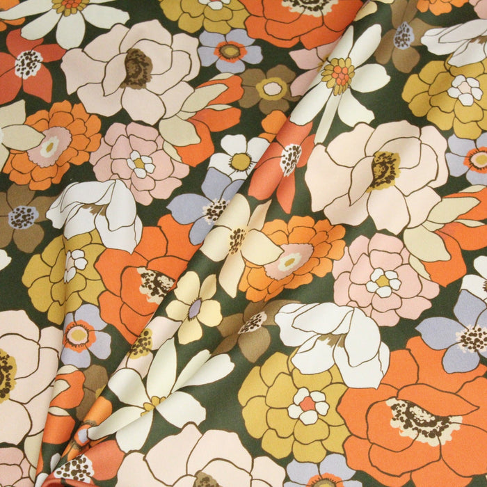 Tissu gabardine de coton SUZANNE imprimé fleurs rétro : bleu, rouille, olive - OEKO - TEX STANDARD 100 - TissusPapi.com
