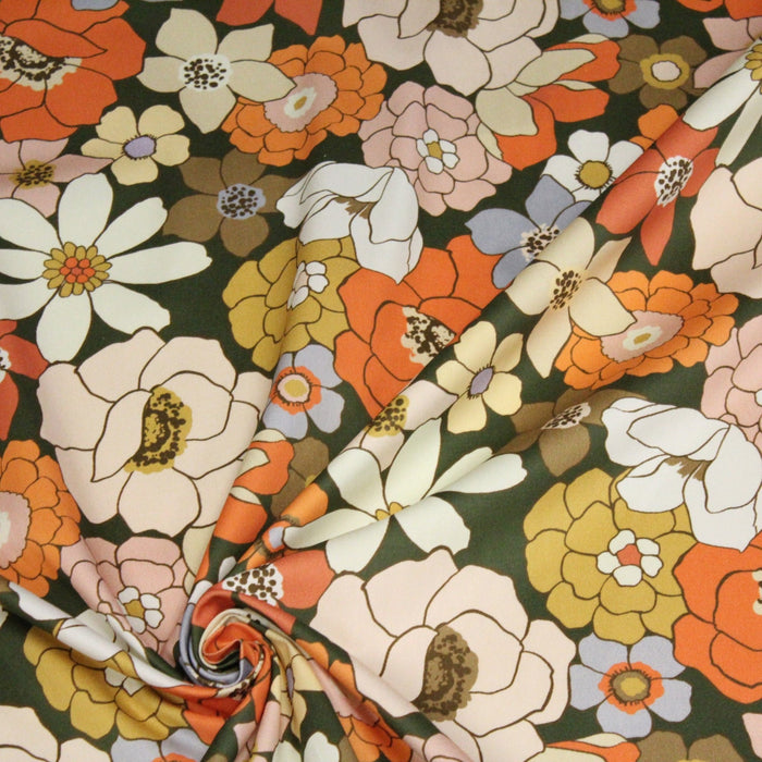 Tissu gabardine de coton SUZANNE imprimé fleurs rétro : bleu, rouille, olive - OEKO - TEX STANDARD 100 - TissusPapi.com