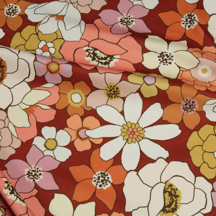 Tissu gabardine de coton SUZANNE imprimé fleurs rétro : bleu, rouille, olive - OEKO - TEX STANDARD 100 - TissusPapi.com