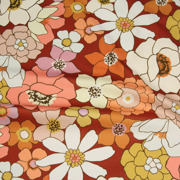 Tissu gabardine de coton SUZANNE imprimé fleurs rétro : bleu, rouille, olive - OEKO - TEX STANDARD 100 - TissusPapi.com