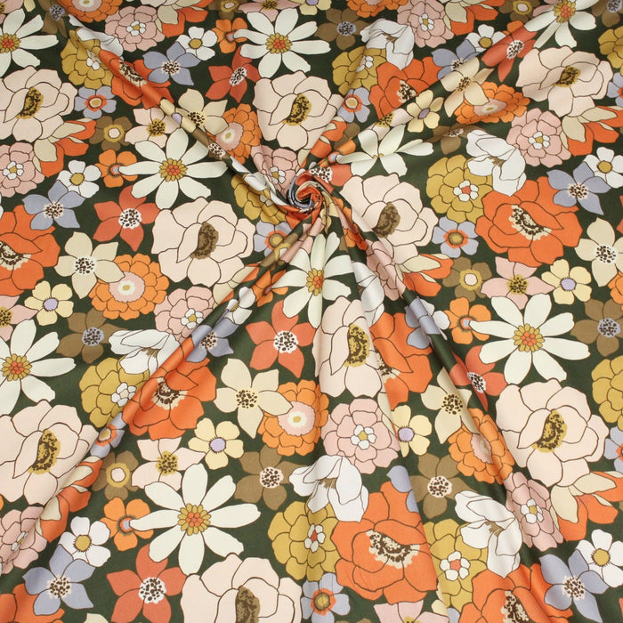 Tissu gabardine de coton SUZANNE imprimé fleurs rétro : bleu, rouille, olive - OEKO - TEX STANDARD 100 - TissusPapi.com