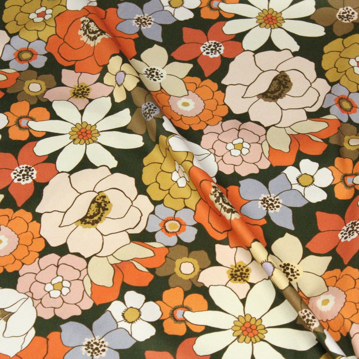Tissu gabardine de coton SUZANNE imprimé fleurs rétro : bleu, rouille, olive - OEKO - TEX STANDARD 100 - TissusPapi.com