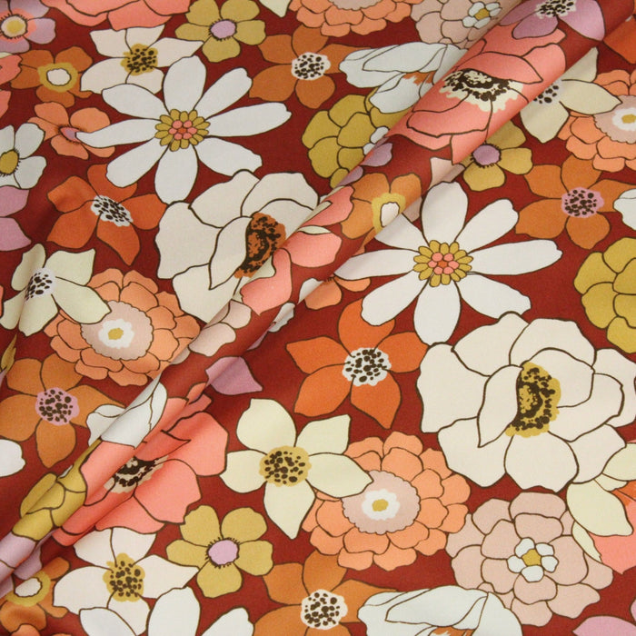 Tissu gabardine de coton SUZANNE imprimé fleurs rétro : bleu, rouille, olive - OEKO - TEX STANDARD 100 - TissusPapi.com