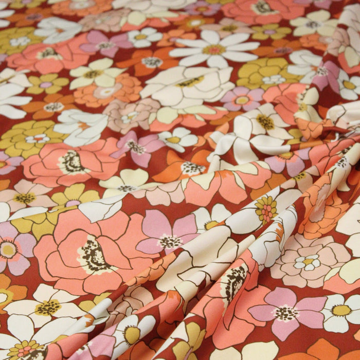 Tissu gabardine de coton SUZANNE imprimé fleurs rétro : bleu, rouille, olive - OEKO - TEX STANDARD 100 - TissusPapi.com