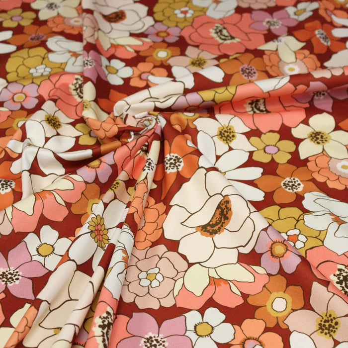 Tissu gabardine de coton SUZANNE imprimé fleurs rétro : bleu, rouille, olive - OEKO - TEX STANDARD 100 - TissusPapi.com