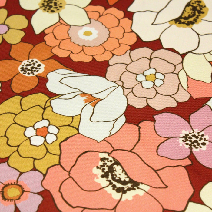 Tissu gabardine de coton SUZANNE imprimé fleurs rétro : bleu, rouille, olive - OEKO - TEX STANDARD 100 - TissusPapi.com