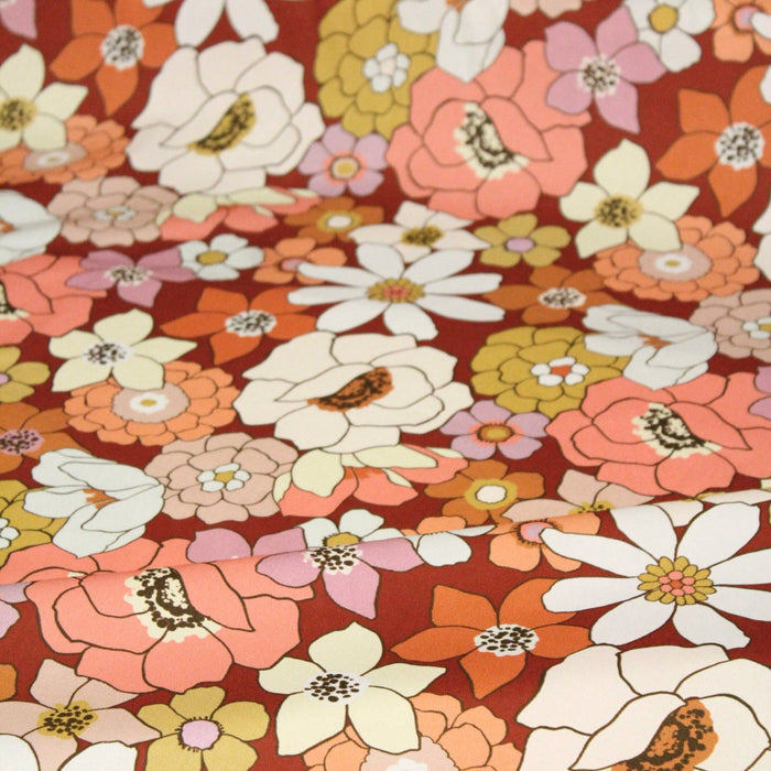 Tissu gabardine de coton SUZANNE imprimé fleurs rétro : bleu, rouille, olive - OEKO - TEX STANDARD 100 - TissusPapi.com