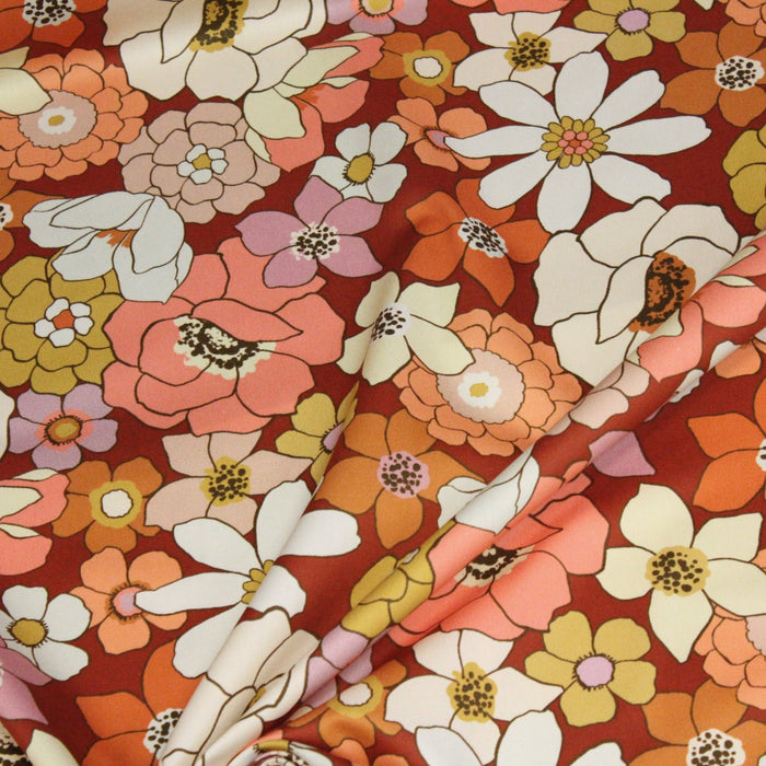Tissu gabardine de coton SUZANNE imprimé fleurs rétro : bleu, rouille, olive - OEKO - TEX STANDARD 100 - TissusPapi.com