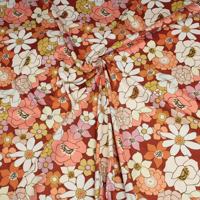 Tissu gabardine de coton SUZANNE imprimé fleurs rétro : bleu, rouille, olive - OEKO - TEX STANDARD 100 - TissusPapi.com