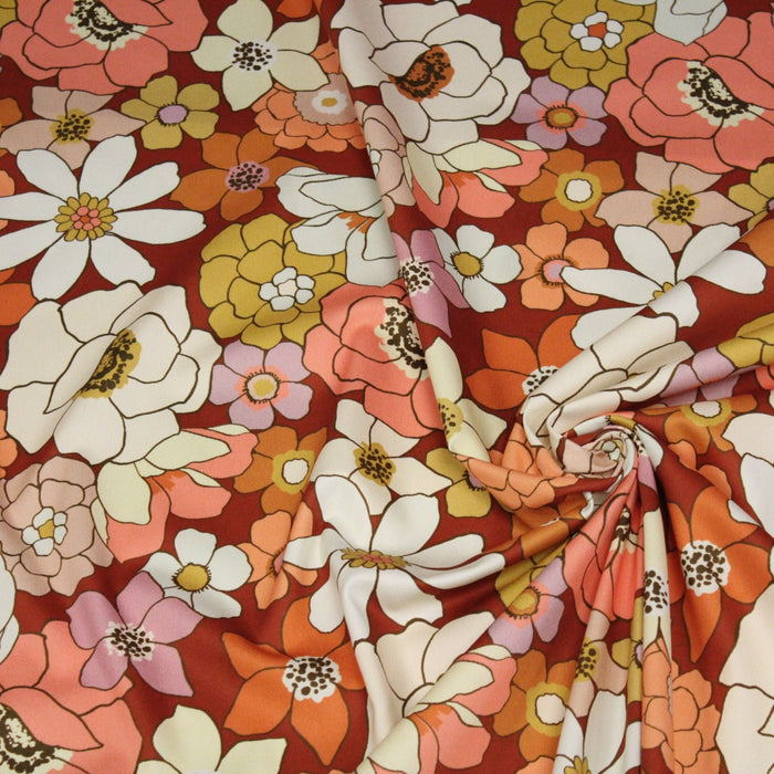 Tissu gabardine de coton SUZANNE imprimé fleurs rétro : bleu, rouille, olive - OEKO - TEX STANDARD 100 - TissusPapi.com