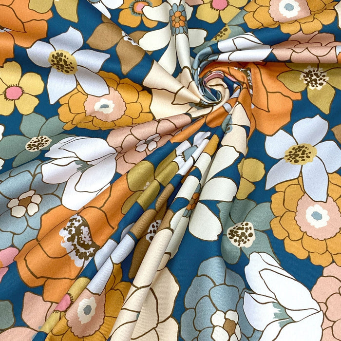 Tissu gabardine de coton SUZANNE imprimé fleurs rétro : bleu, rouille, olive - OEKO - TEX STANDARD 100 - TissusPapi.com