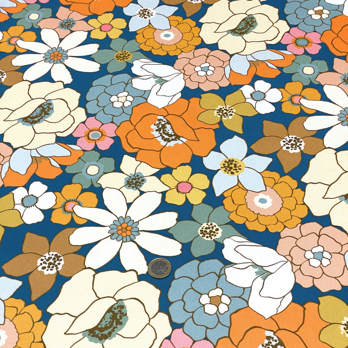 Tissu gabardine de coton SUZANNE imprimé fleurs rétro : bleu, rouille, olive - OEKO - TEX STANDARD 100 - TissusPapi.com