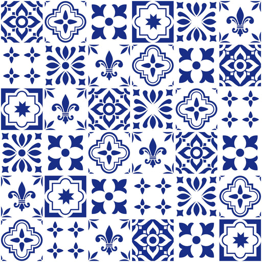 Tissu popeline de coton AZULEJOS aux carreaux de faïence bleu roi & blanc - tissuspapi