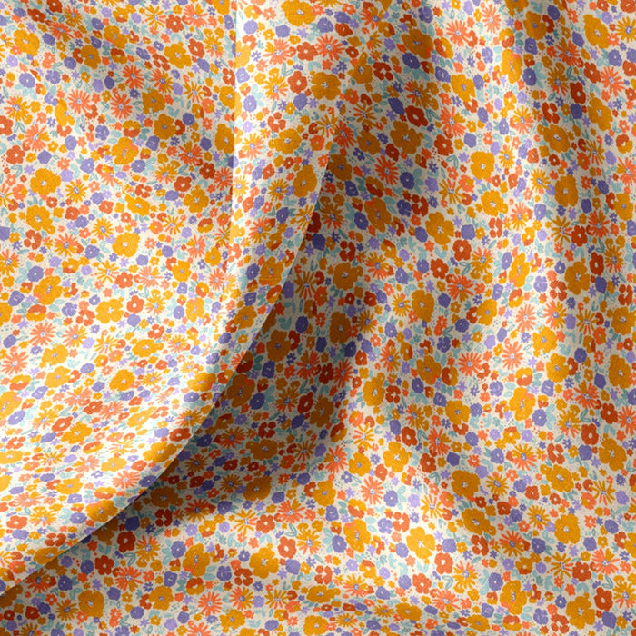 Tissu cotonnade fleurie, fines fleurs tons orange & mauve - OEKO - TEX STANDARD 100 - TissusPapi.com