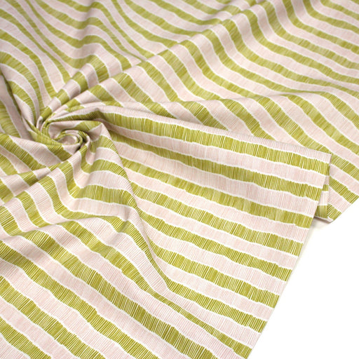 Tissu cotonnade blanc aux fines rayures & traits roses et bronze - OEKO - TEX - TissusPapi.com