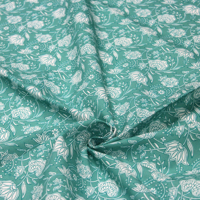 Tissu cotonnade motif fleuri indien vert et blanc - COLLECTION KALAMKARI