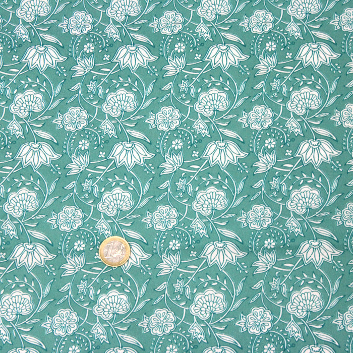 Tissu cotonnade motif fleuri indien vert et blanc - COLLECTION KALAMKARI