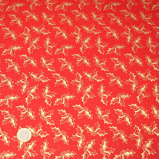 Tissu coton NOËL rouge aux brins de houx dorés - OEKO - TEX - TissusPapi.com