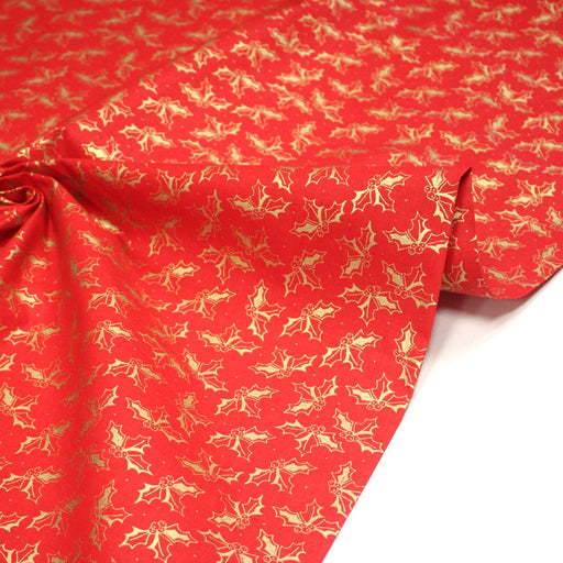 Tissu coton NOËL rouge aux brins de houx dorés - OEKO - TEX - TissusPapi.com
