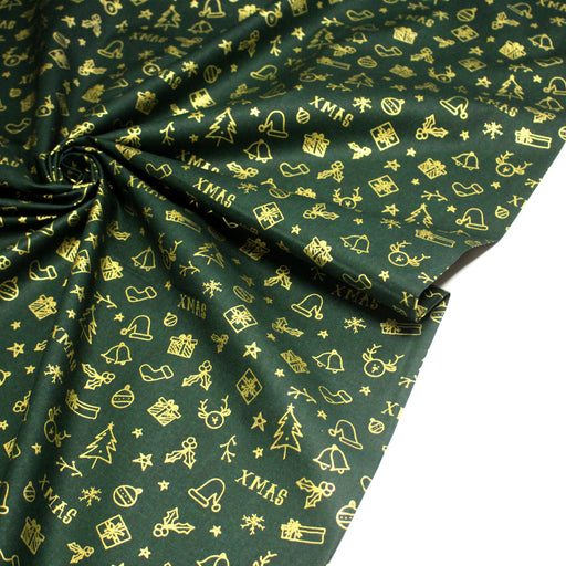 Tissu coton NOËL vert aux objets de Noël dorés, bonnets, sapins et cadeaux - OEKO - TEX - TissusPapi.com