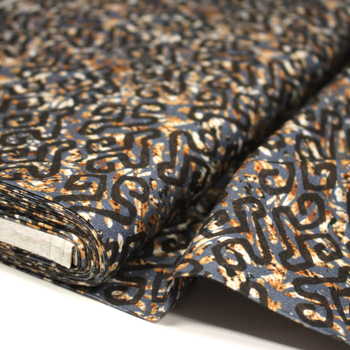 Tissu coton motifs aborigènes australiens et tribaux, tons bleus, ocres et gris - OEKO-TEX
