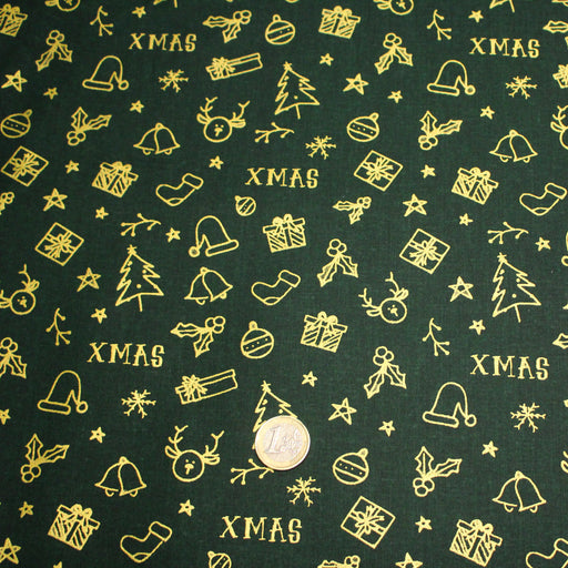 Tissu coton NOËL vert aux objets de Noël dorés, bonnets, sapins et cadeaux - OEKO - TEX - TissusPapi.com