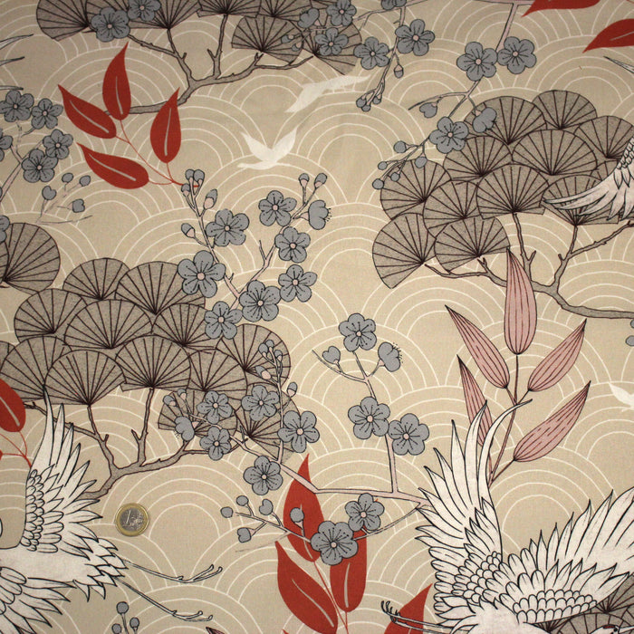 Tissu coton demi-natté GRUES JAPONAISES, trois teintes : écru, rose, ocre - OEKO-TEX STANDARD 100