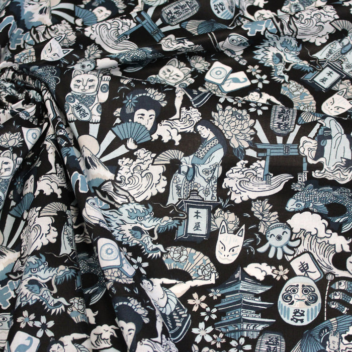 Tissu de coton aux illustrations japonaises, tons bleus - OEKO-TEX