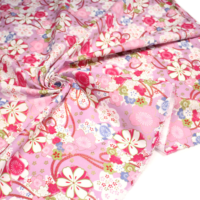 Tissu cotonnade motifs japonais traditionnels fleuris, roses & parme - COLLECTION JAPON DORÉ
