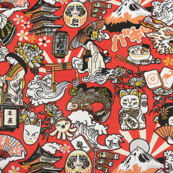 Tissu de coton aux illustrations japonaises, tons rouges et noirs - OEKO-TEX